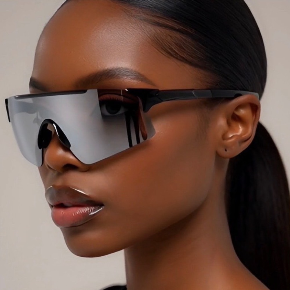 Women Sporty Shield Sunglasses Silver Mirror Wrap Around Futuristic Black Frame